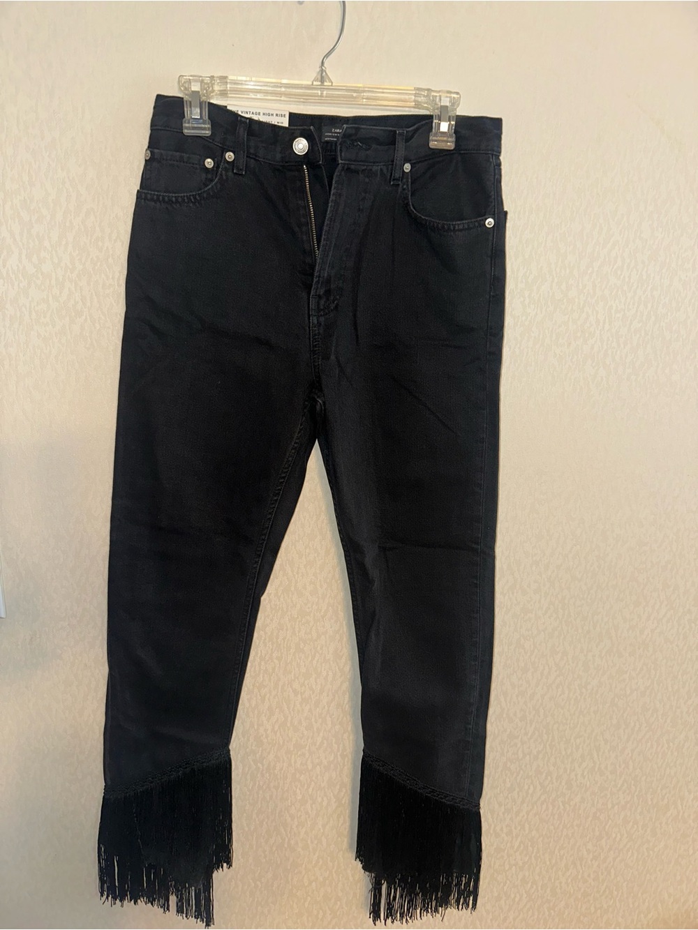 Zara Woman Black Slim Straight high rise Jeans with Fringed Hem